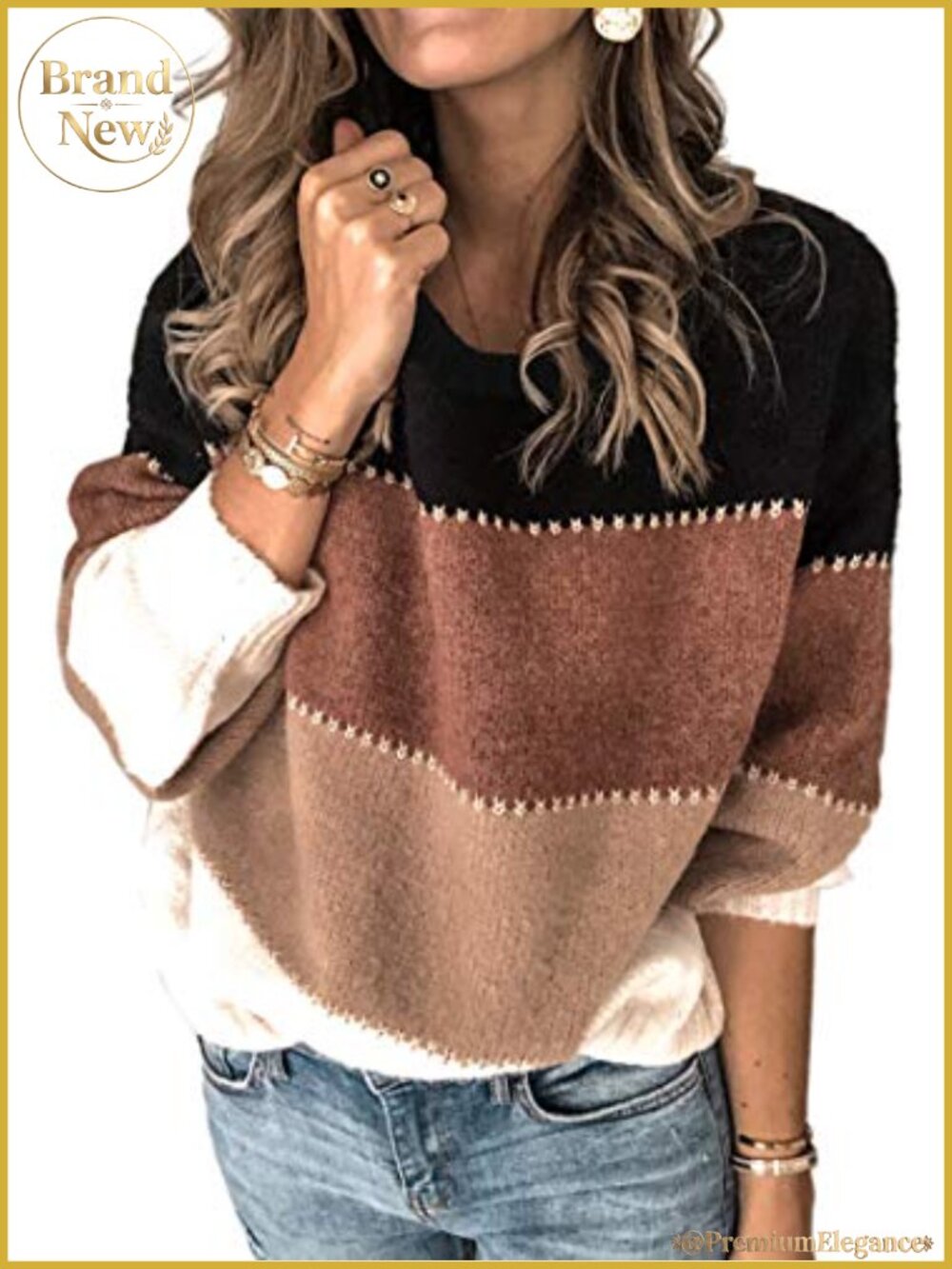 Women's Color Block Patchwork Knit Pullover Sweater with Drop Shoulder